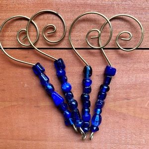 Set of 4 Rustic Cobalt Blue Hanging Hooks Ornaments Recycled Metal Glass Beads